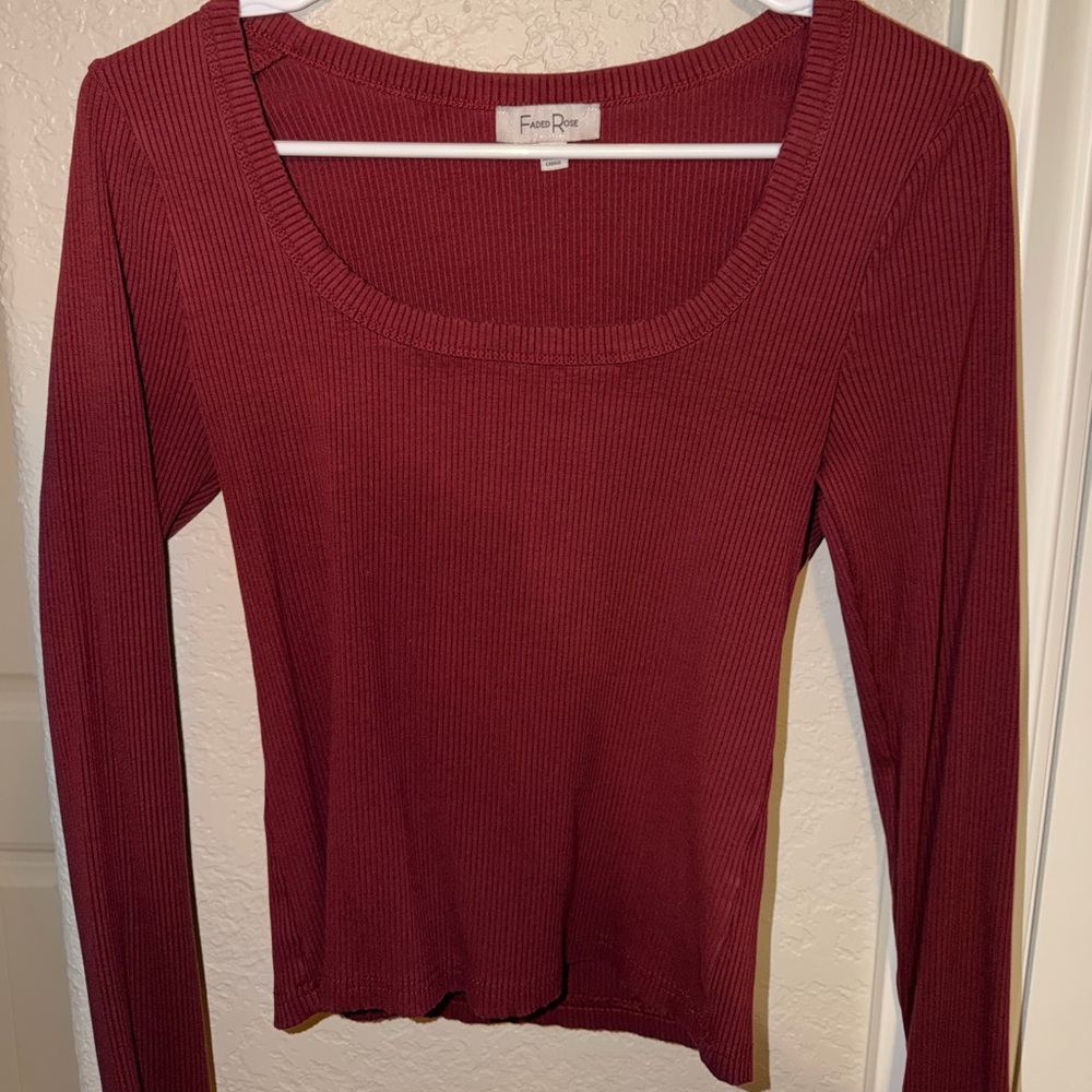 Red Ribbed Long Sleeve Tee